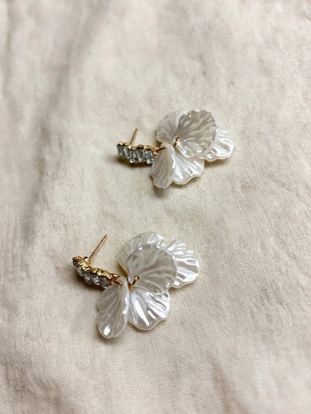 White Petal Drop Earrings — Pearly Flower Drops